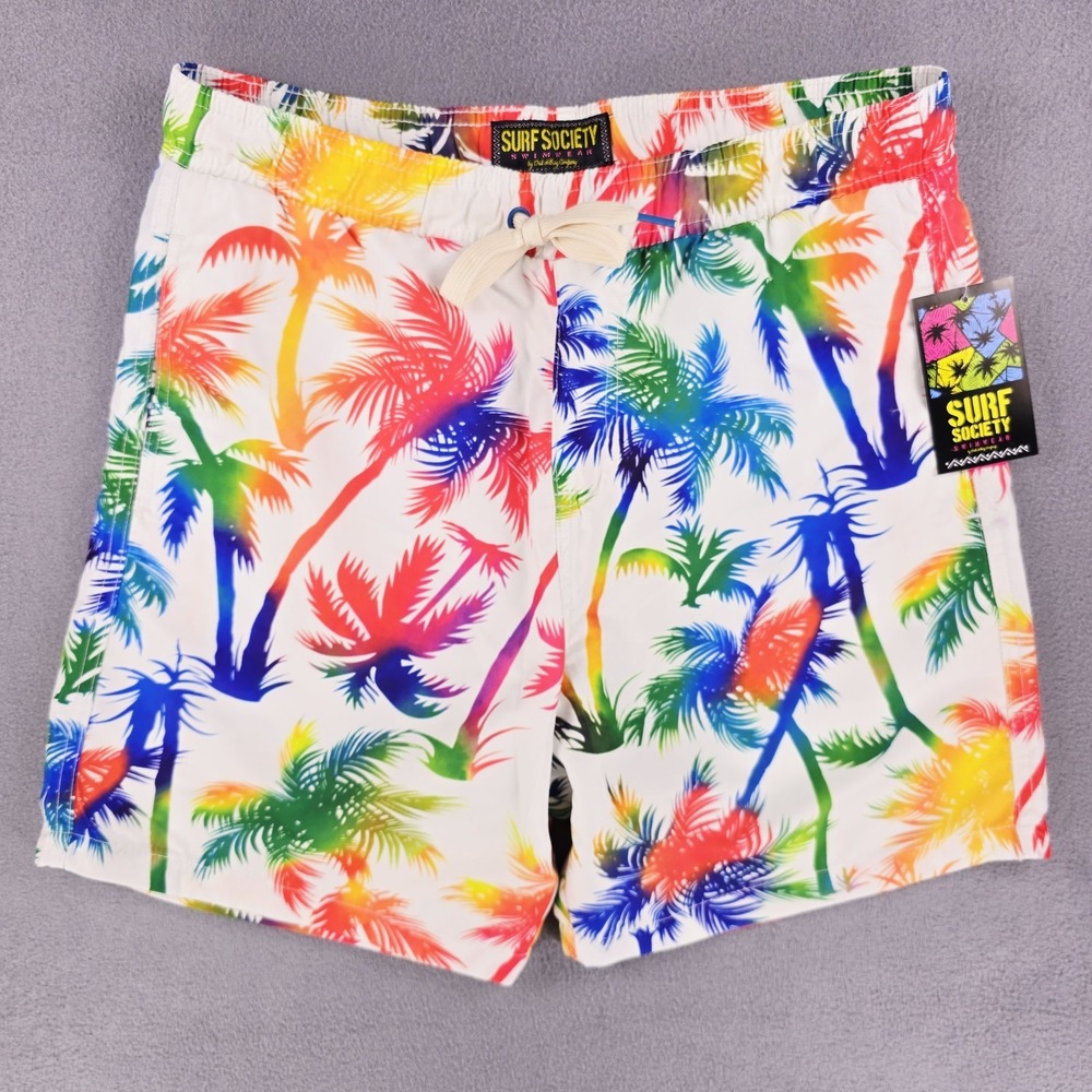 New Surf Society Swim Trunks Men's Medium Rainbow Palm Trees White Shorts Pride